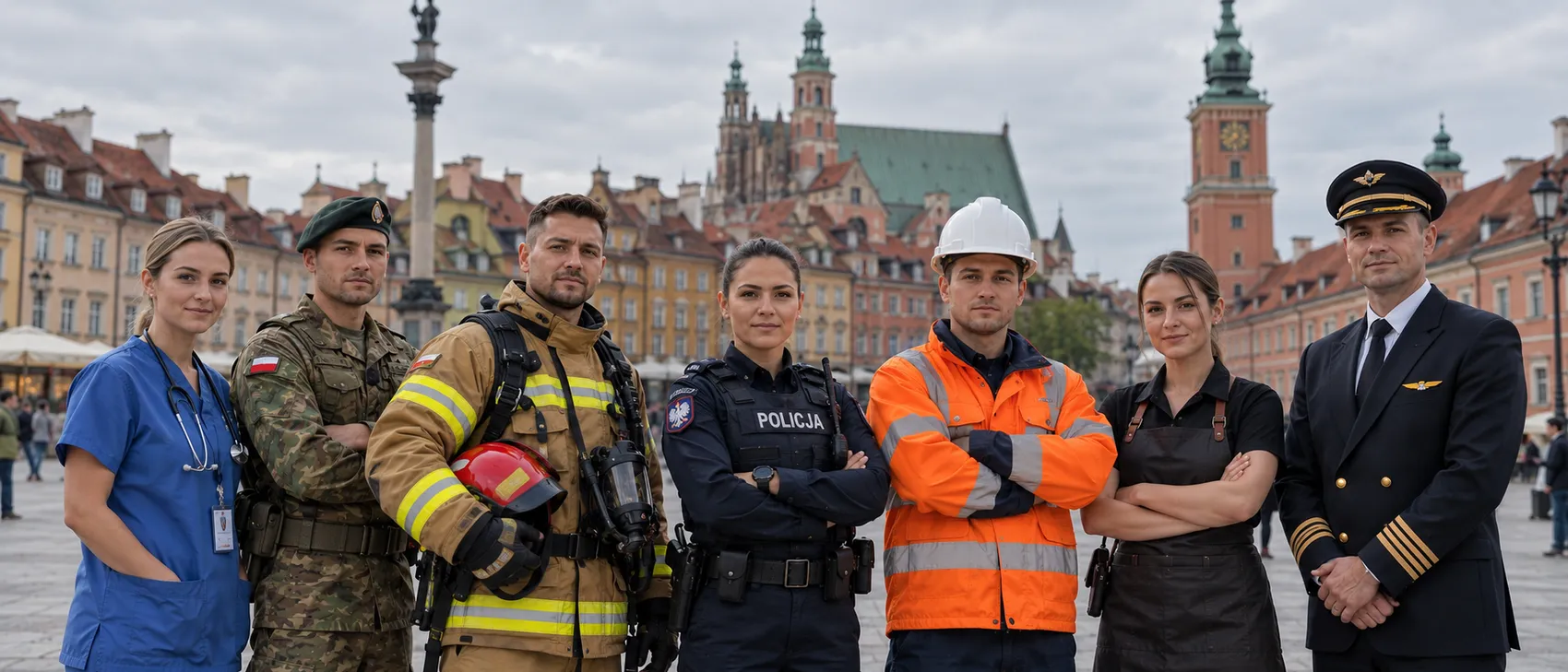 Policjantka, żołnierz, strażak i inni przedstawiciele służb na placu Zamkowym w Warszawie